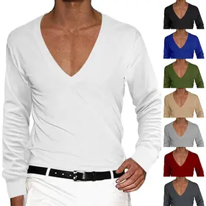 2023 Herfst Heren Mode Casual Stijl T-Shirt Diepe V-Hals Sexy Hoge Kwaliteit Shirt Effen Kleur Lange Mouw Onderhemd
