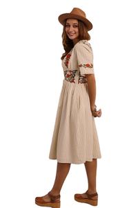 <strong>Retro</strong> Elegant Women Short Sleeve V Neck Button up 100% Cotton Embroidered Vintage <strong>Dresses</strong> - Product Image 3