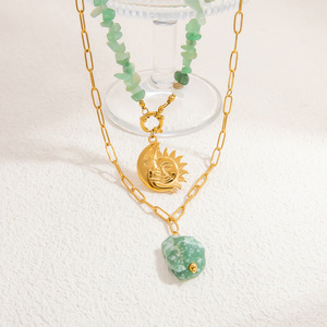 Fashion Layered Necklace Natural Stone Moon Sun Pendant 18K Gold Plated <b>Titanium</b> Steel Clavicle <b>Chain</b> Multi-layer Design - Product Image 4
