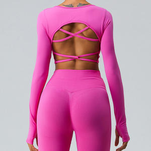 Top de Yoga Feminino Leve de Manga Comprida Cor Sólida Roupa de Fitness Costas Bonitas e Sexy Tamanho Grande Respirável para Exportação - Product Image 5