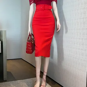 Zyht 20435 Hot Selling Rood Zwart Wit Rug Split Sexy Hoge Taille Dames Vrouwen Potlood Midi Rok Met Riem