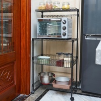 Chariot de rangement de cuisine à 4 niveaux en fil métallique avec panier et roulettes, support de micro-ondes en métal, personnalisable avec logo, fournisseur chinois