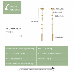 Pendientes de Cadena con Cuentas en Forma de Corazón, Acero Inoxidable, Chapado en Oro de 14K al Vacío - Product Image 2