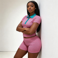 Ensemble deux pièces pour femme : Polo rayé et short d'été, respirant, décontracté, en coton et élasthanne, avec logo, couleurs contrastées