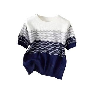 Top de Punto a Rayas Degradado para Mujer, Manga Corta, Cuello Redondo, Suave, Spandex/Algodón, Moda de Verano, Jersey Fino Formal, Gris Azul Verde - Product Image 6