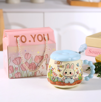 Mug en porcelaine avec couvercle et cuillère motif lapin floral - Design créatif personnalisé de dessin animé, compatible lave-vaisselle/micro-ondes, anti-fuite, boîte cadeau