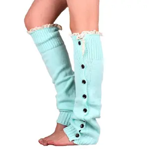 2023 Cheap Cable Knitted Woman Lace Leg Warmer With Buttons Handmade Ladies Open Ruffled Lace Leg Warmer