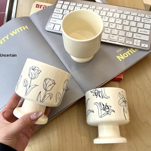 Tasse en porcelaine pour aromathérapie florale, noire et blanche, idéale pour le thé de l'après-midi, le café, le yaourt, la crème glacée, résistante aux hautes températures - Product Image 2