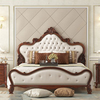 Lit double en bois massif et cuir, style antique américain, avec sculptures artisanales B442