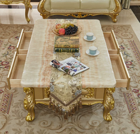Ensemble Table Basse et Meuble TV en Marbre Européen et Bois Massif, Table à Thé Dorée de Luxe, Meuble Bas Français pour Salon