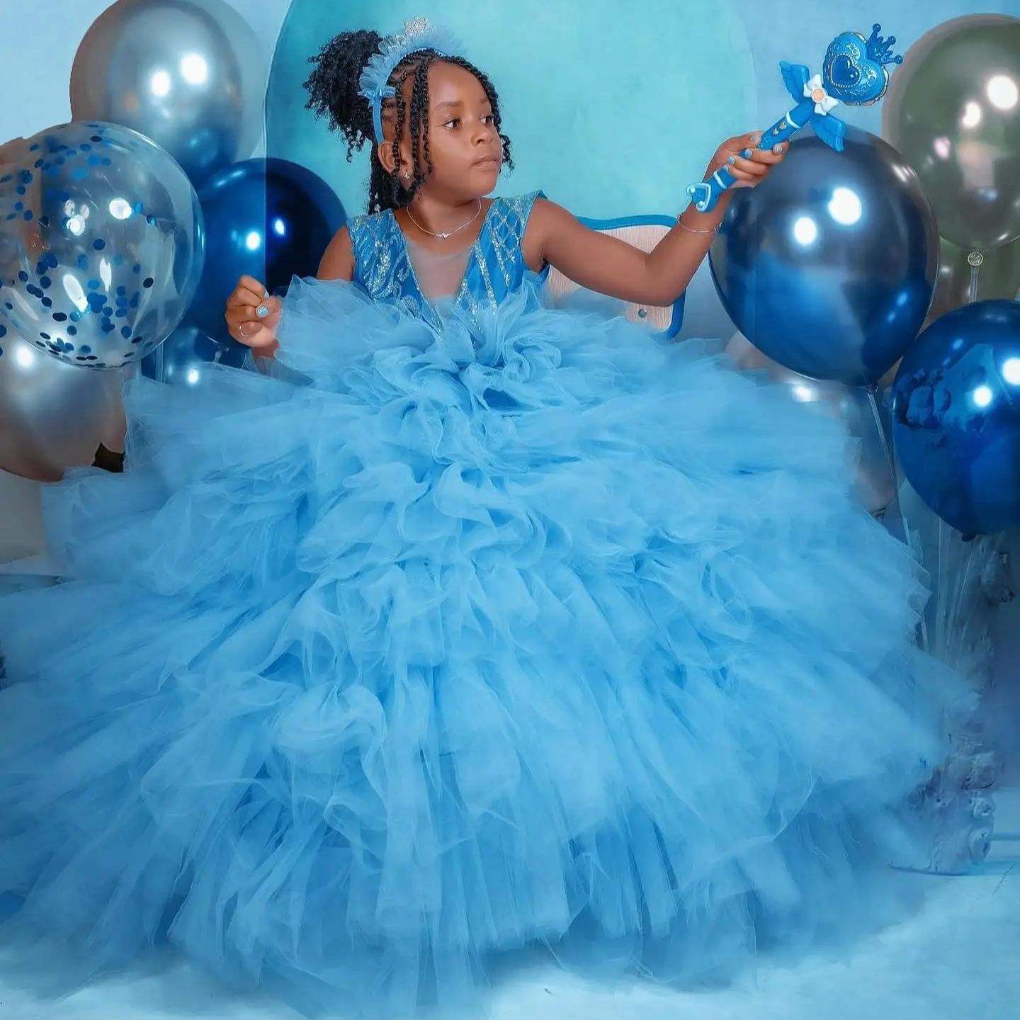 Blue Ball Gown Flower Girl's Dresses For Wedding Customized Tiered