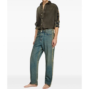 Button Down Collar Frayed Edge <b>Shirt</b> <b>Men's</b> Heavy Weight Cotton Plaid Checked Contrast Blocked <b>Flannel</b> <b>Shirts</b> <b>for</b> <b>Men</b> - Product Image 3