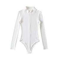 Combinaison moulante à col montant et fermeture éclair pour femme, style européen et américain, manches longues, couleur unie, une pièce, pour le printemps