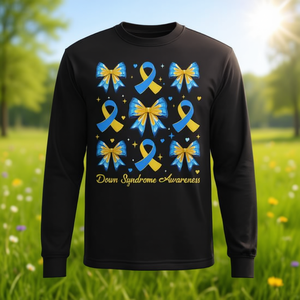 Camiseta de Manga Larga con Lazo Coqueta y Cinta Azul y Amarilla para Concientización sobre el Síndrome de Down, Artículo Promocional - Product Image 3