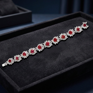 Women Rhodium Plated <b>Ruby</b> <b>Bracelet</b> With Round Brilliant Cut Diamonds Flower Design Classic Chain Link Jewelry - Product Image 3