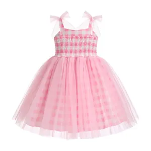 Sweet Heart Neck Sleeveless Pink Tulle Skirts Boutique Clothes Princess Tie Bow Shoulder Summer Dresses For Little Girls