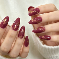 Lot de 24 faux ongles stiletto bordeaux avec feuille d'or, faits à la main, 3D, demi-couverture, en ABS, réutilisables, pour mariage et mariée