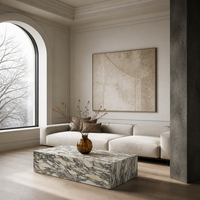 Table basse rectangulaire moderne et futuriste en marbre blanc Arabescato naturel de luxe italien, finition polie brillante