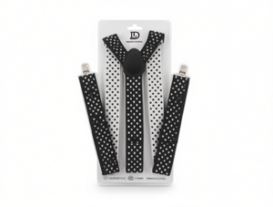 Bretelle da uomo fantasia con stampa a trasferimento termico, larghezza 3,5 cm, pois bianchi e neri, design a Y per abbigliamento formale - Product Image 1