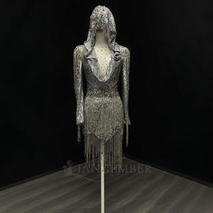 Robe de soirée sans manches à sequins Nt13, courte, argentée, à franges, pour fête, avec appliques en mousseline et taille naturelle - Product Image 2