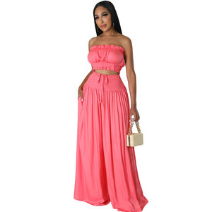 Conjunto de Dos Piezas para Mujer, Tallas S a 2X, Pantalones Anchos de Verano, Top Corto sin Tirantes, Color Sólido - Product Image 2