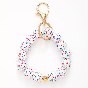 En bois rouge blanc bleu jour de l'indépendance américaine couleur plein écran étoile bracelet porte-clés sac de voiture porte-clés pendants en gros - Product Image 5