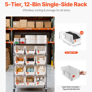 מדף אחסון מתגלגל בן 5 קומות עם 12 סלי אחסון, מדף תיל מפלדה עם גלגלים למוסך, משרד ומטבח - Product Image 3