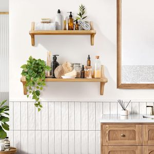 Wooden <b>Wall</b> Mounted <b>Floating</b> <b>Shelf</b> Natural Wood Color Rectangular Bathroom Storage Rack Display Stand - Product Image 1