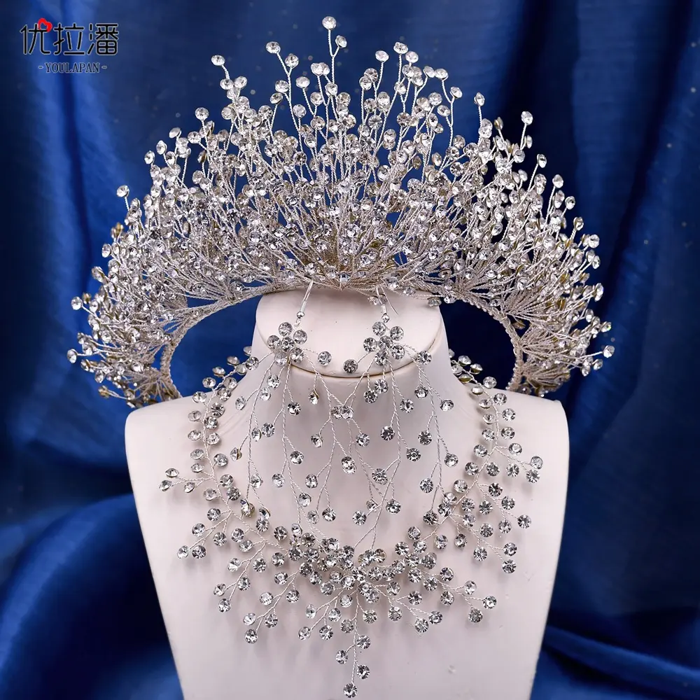 Diadema de plata brillante con diamantes de imitación para el cabello, conjunto de accesorios para el cabello, corona de boda de princesa de lujo, Tiara nupcial