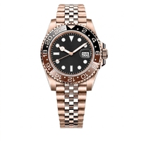 Jam Tangan Mekanik GMT Dua Warna Dial Hitam Bezel Emas Tali Baja Tahan Karat Tampilan Tanggal 40mm Jam Tangan Mewah Pria