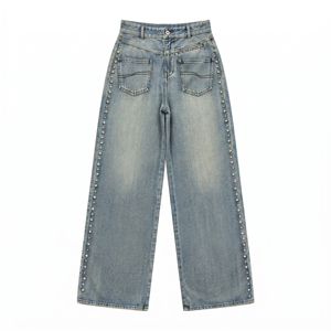 Anjie – Nouveaux Jeans Femme à Jambes Larges Cloutés, Personnalisables (Logo OEM/ODM), Marque Privée, Lavage Vintage, Denim Perlé – Vente en Gros Direct Usine - Product Image 1