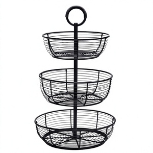 Panier de rangement à fruits en fil métallique noir à 3 niveaux avec poignée, support de présentation de légumes pour cuisine, vente en gros - Product Image 1