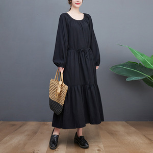 <span class=keywords><strong>Robe</strong></span> décontractée en coton lin vert uni pour femmes hiver automne Maxi avec col rond manches longues bouffantes ceinture poches-mode respirante - Product Image 5