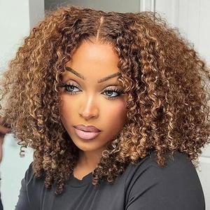 Perruques en dentelle frontale afro bouclées, décolorées, crépues, cheveux vierges, longueur moyenne, couleur brun/<span class=keywords><strong>blond</strong></span>, 0,2 kg - Product Image 1