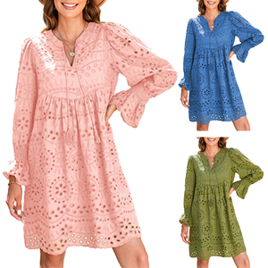 Vestido Corto Holgado Informal de Manga Larga con Encaje Calado y Cuello en V <span class=keywords><strong>para</strong></span> Mujer, Color Sólido, <span class=keywords><strong>para</strong></span> Primavera y Verano - Product Image 6