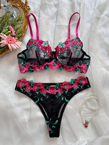 Nouveau Style rétro mode Sexy Hottie Lingerie soutien-gorge et culotte Rose dentelle brodée ensemble de sexe transparent - Product Image 4