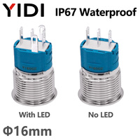 16mm IP67 방수 금속 푸시 버튼 스위치 플랫 하이 볼 헤드 링 LED 푸시 버튼 스위치 1NO1NC 순간 래칭 3A 250VAC