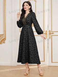 Telas tejidas de poliéster Floral Jacquard para hacer mujeres Patchwork Jacquard manga Floral A-line vestido ropa - Product Image 4