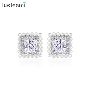 LUOTEEMI Stud Square Femme Imitation Perle Mode Coréenne Charm Earing Lady Large Zircon New Cubic Jewelry Earring