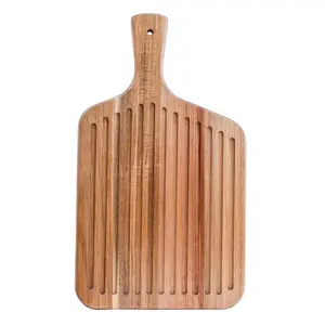 New arrival acacia wood bread cutting board bread chopping board serving plate with multiple groove and bread knife