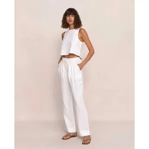 Conjunto de dos piezas informal para mujer, Camisa sin mangas de lino para Primavera/Verano, camiseta sin mangas y pantalones, conjunto de traje tejido de verano para mujer, 3 conjuntos