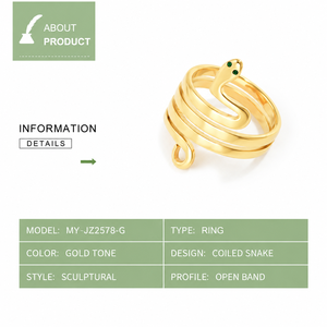 Gold and <b>Silver</b> Tone <b>Snake</b> <b>Ring</b> Coiled Wrap Design with Green Eye Accents Polished Statement Jewelry - Product Image 2