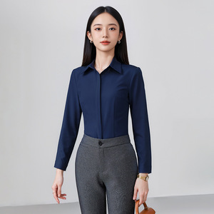 Women's Professional Sky Blue Shirt Long Sleeve Solid Color Office Wear Polyester Broadcloth - Product Image 2