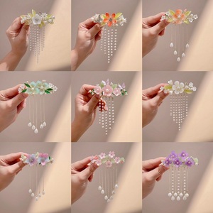 Barrette à <span class=keywords><strong>Cheveux</strong></span> Fleurie de Style Chinois, Épingle Rétro pour Filles <span class=keywords><strong>avec</strong></span> Pompon, <span class=keywords><strong>Pince</strong></span> à <span class=keywords><strong>Cheveux</strong></span> Classique <span class=keywords><strong>Perle</strong></span> Fleurie à Ressort pour Femmes - Product Image 4