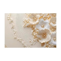 Papier peint mural 3D en relief Art Déco, fleurs blanches, perles, feuilles dorées, papier peint floral de luxe, décoration intérieure, fond personnalisé