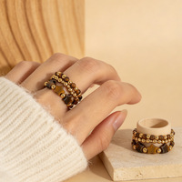 Ensemble de bagues ajustables multicouches tendance en pierres naturelles œil de tigre, perles dorées multicolores, pour usage quotidien féminin