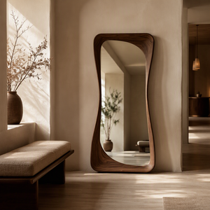 <span class=keywords><strong>Miroir</strong></span> pleine longueur Japandi avec cadre en bois de noyer, <span class=keywords><strong>miroir</strong></span> sur pied irrégulier ondulé organique pour chambre à coucher et salon, vente en gros - Product Image 4