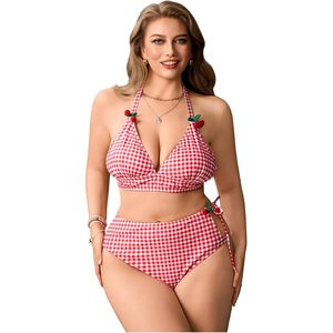 FOXA Women's <b>Plus</b> <b>Size</b> Gingham <b>Bikini</b> <b>Set</b> Halter High Waisted Swimwear With Cherry Detail - Product Image 1