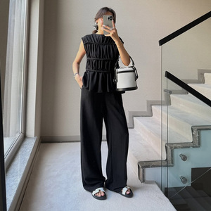 Set <span class=keywords><strong>taglie</strong></span> <span class=keywords><strong>forti</strong></span> da donna abito Casual collo a o senza maniche plissettato pantaloni larghi da ufficio elegante completo da donna estivo - Product Image 5