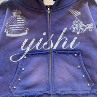 Sudadera con capucha vintage unisex de manga larga con cremallera, estilo Y2K, informal, para venta al por mayor, OEM, con estampado gráfico de diamantes de imitación personalizado